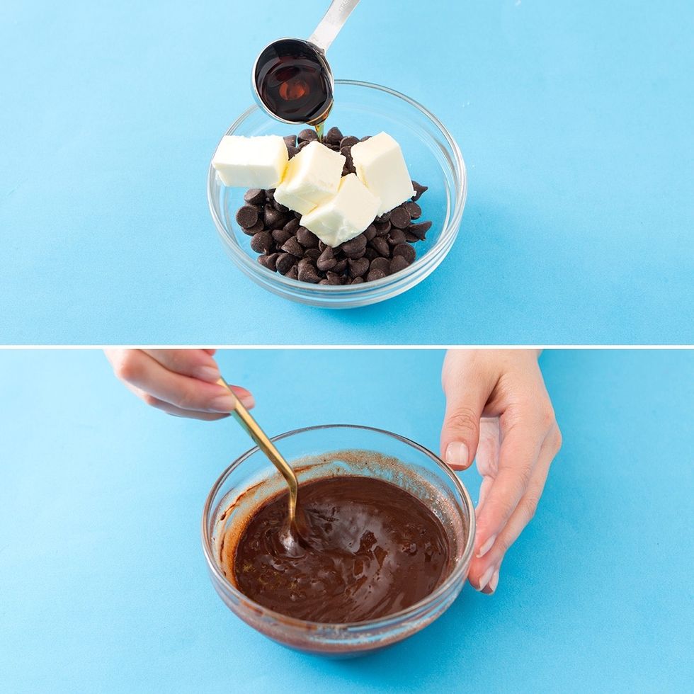To make the frosting, melt together the chocolate, butter, and honey and stir until you get a smooth consistency.