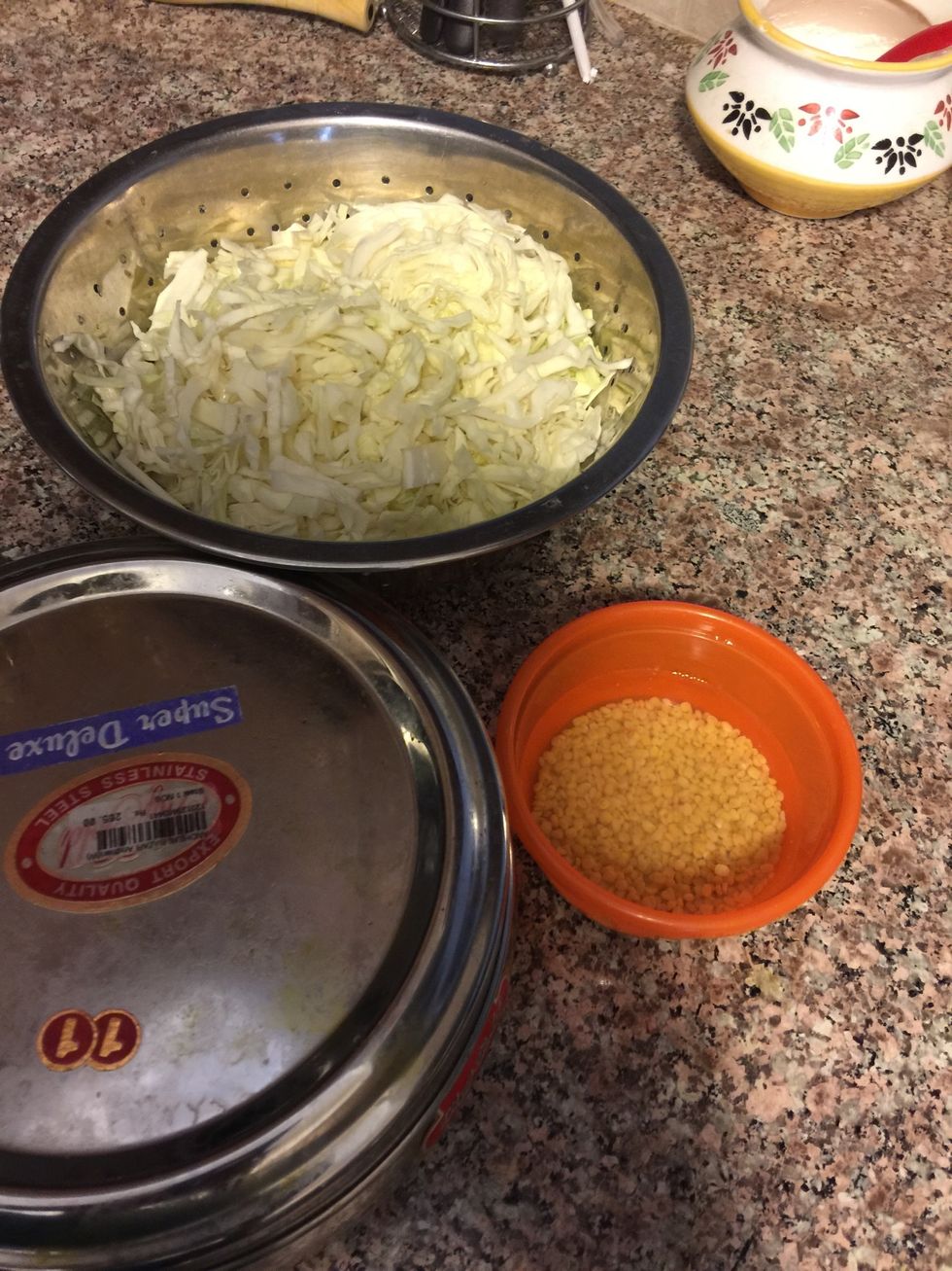 1/2 Cabbage (chopped), Mustard seeds 1tsp, Turmeric powder 1tsp Chili 1-2 (chopped),Salt to taste Moong dal- 2 spoons (optional) (soaked in water)
