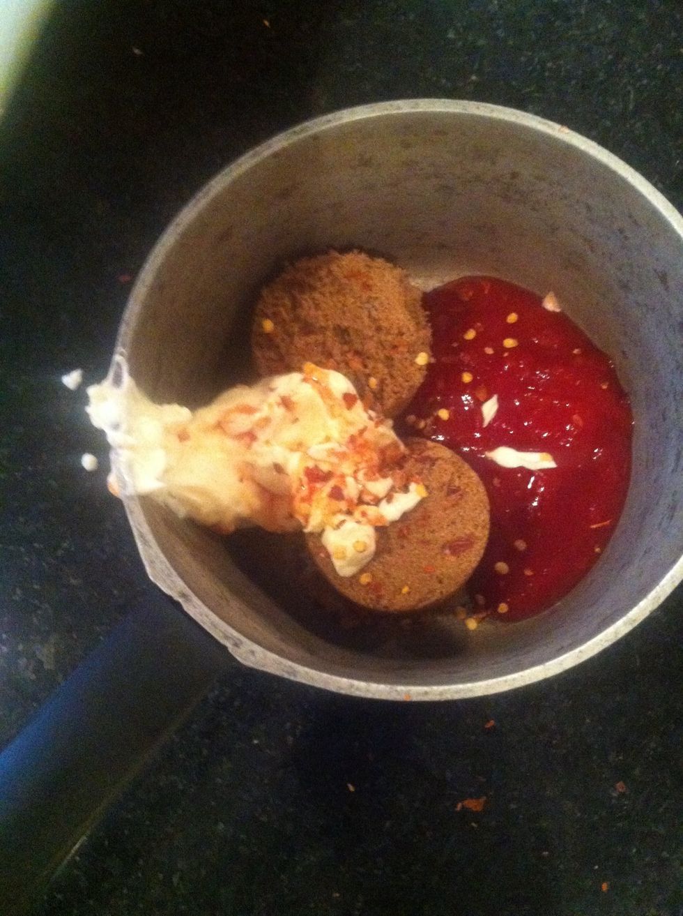 1/2 cup brown sugar, 1/4 cup chili sauce, 1/4 cup mayo, red pepper flakes.
