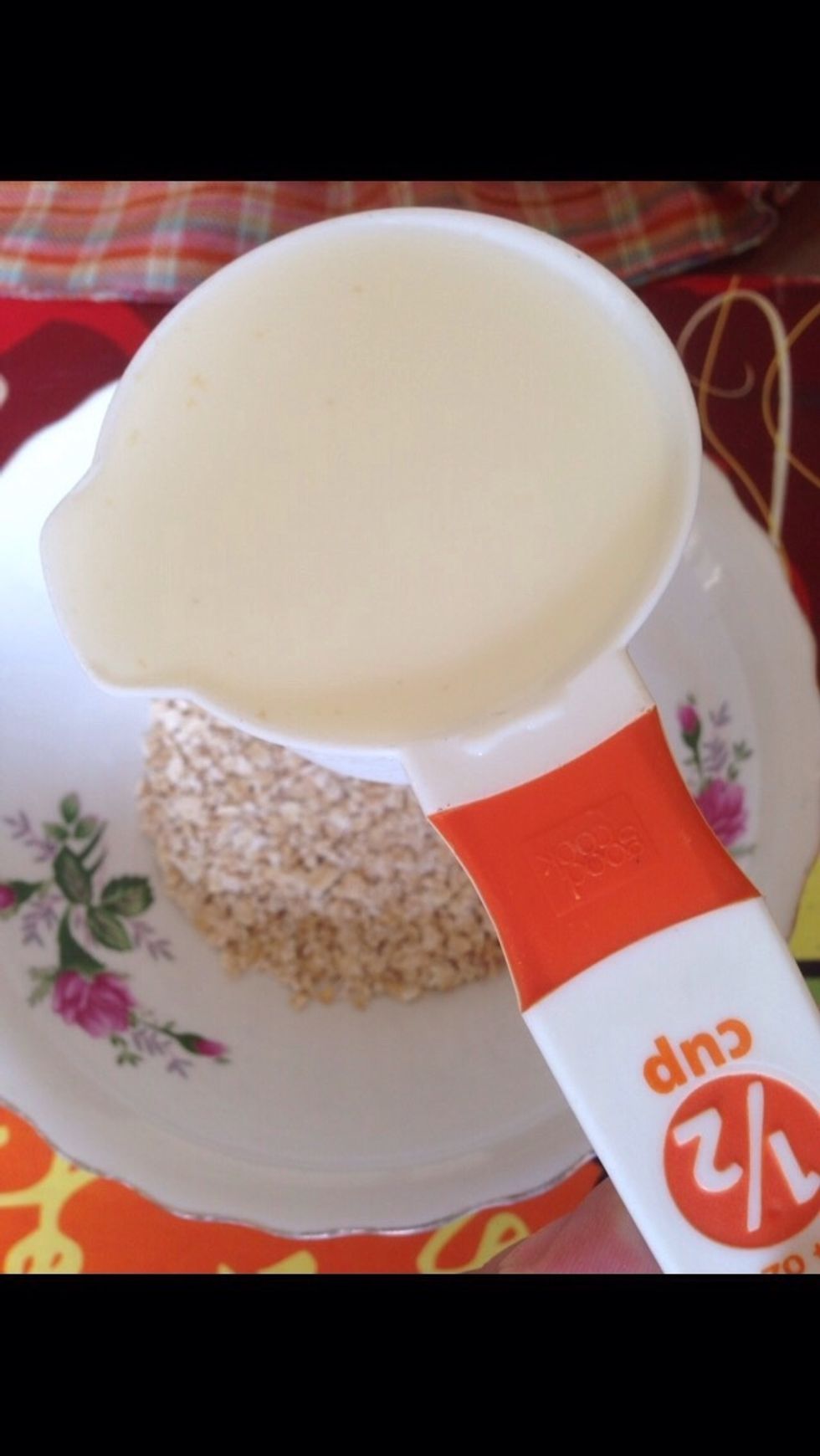 1/2 cup of milk because i'm not vegan but you can use almond milk