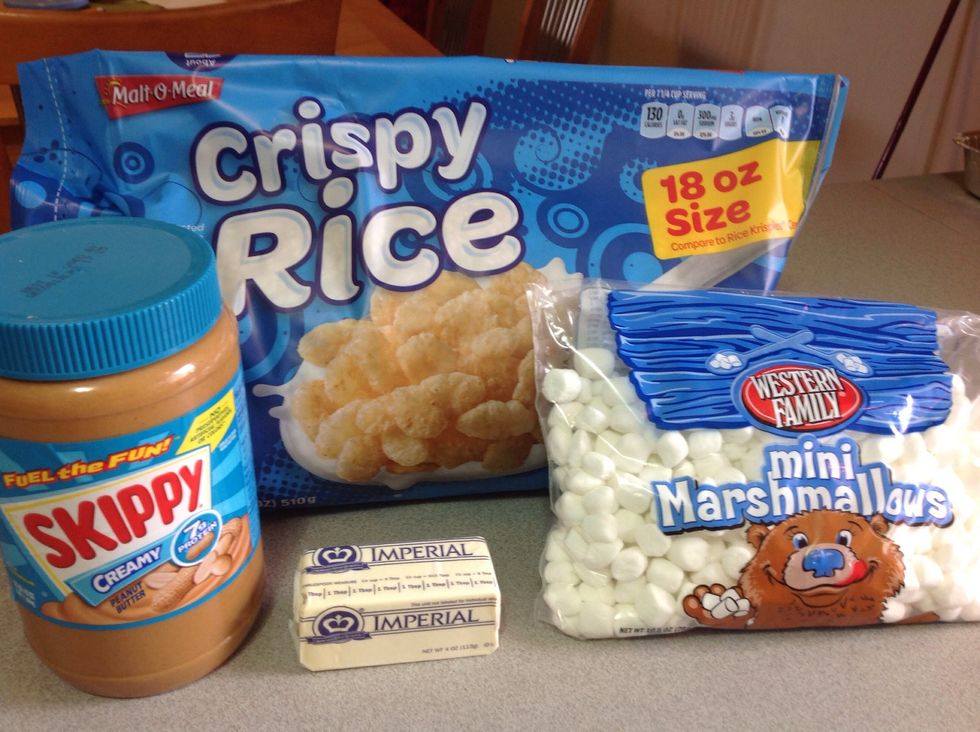 1/2 cup of peanut butter, 5 cups of Rice Krispies, 3 Tbs of Butter, 10oz bag of small marshmallows.