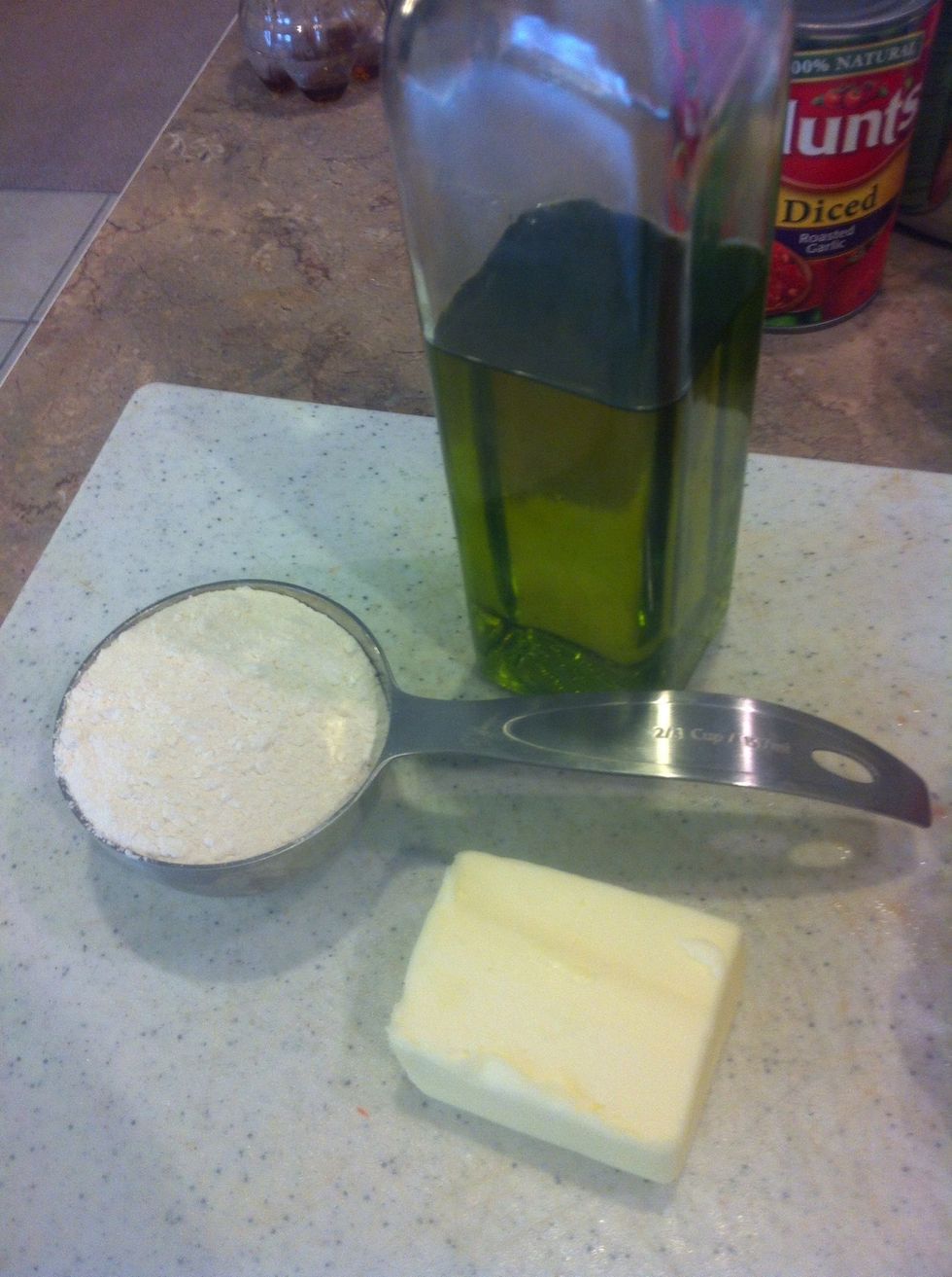1/2 cup oil 2 tbs unsalted butter 2/3 cup of flour. Time to make a roux.