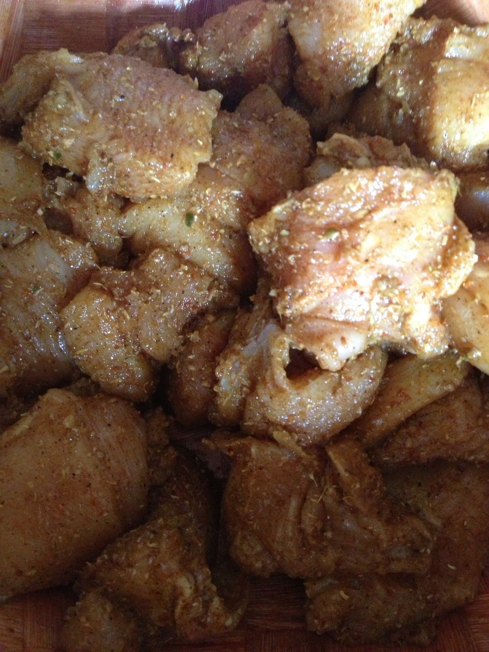 1/2 tsp salt and black pepper I added this much it all depends on how much chicken you have. Also add your garlic and mix then let it marinate for few hours