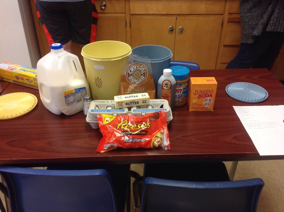 1 3/4 C Flour 1/2 t salt 1 t baking soda 1/2 C butter/softened 1/2 C white sugar 1/2 C peanut butter 1/2 C packed brown sugar 1 egg 1 t vanilla extract 2T milk 40 Reese's peanut butter cups
