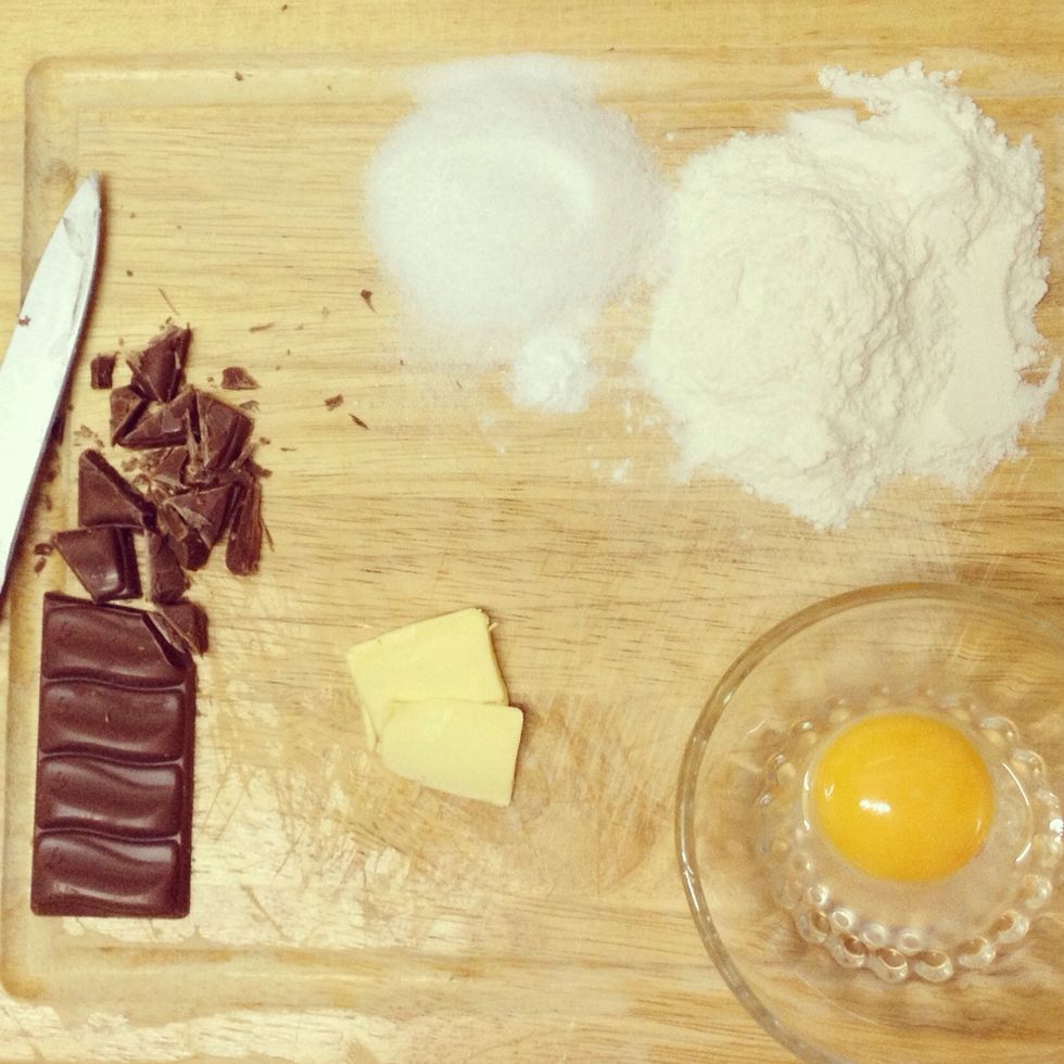 1/4 cup flour one Egg yolk 1/4 finger butter 1 small spoon baking powder 1/4 small spoon vanilla big spoon sugar and big spoon brown sugar chocolate chips .