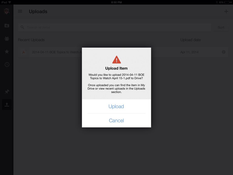 1:4 Tap Upload, and voil\u00e0... Your attachment is at home in the cloud.