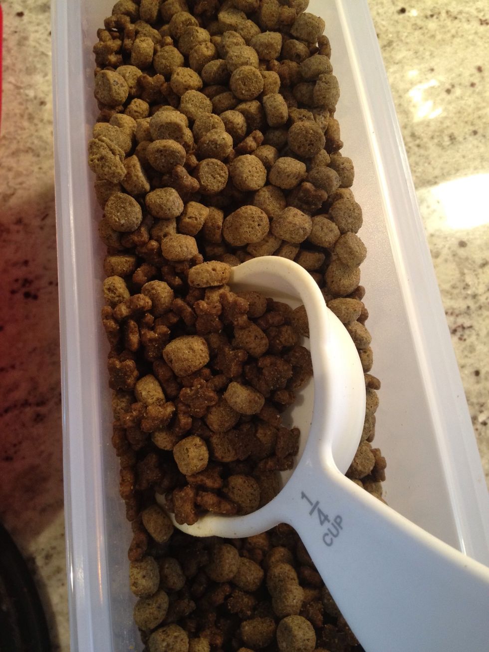 1/8 cup of the small breed formula and 1/8 cup of the senior formula, 1/4 cup total. The Small Breed formula has a small 'X' shape, making it easier for small dogs to crunch the food.