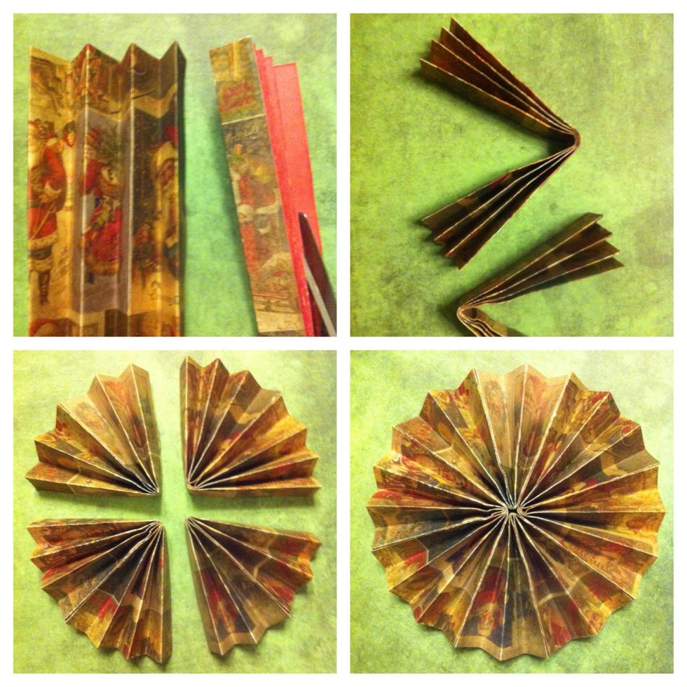 #1. Accordion fold your paper. Trim extra hangover. Fold each in 1/2. For each section, glue the ends to itself. Now glue to each other. Depending on paper size, you may only need 2 sections.