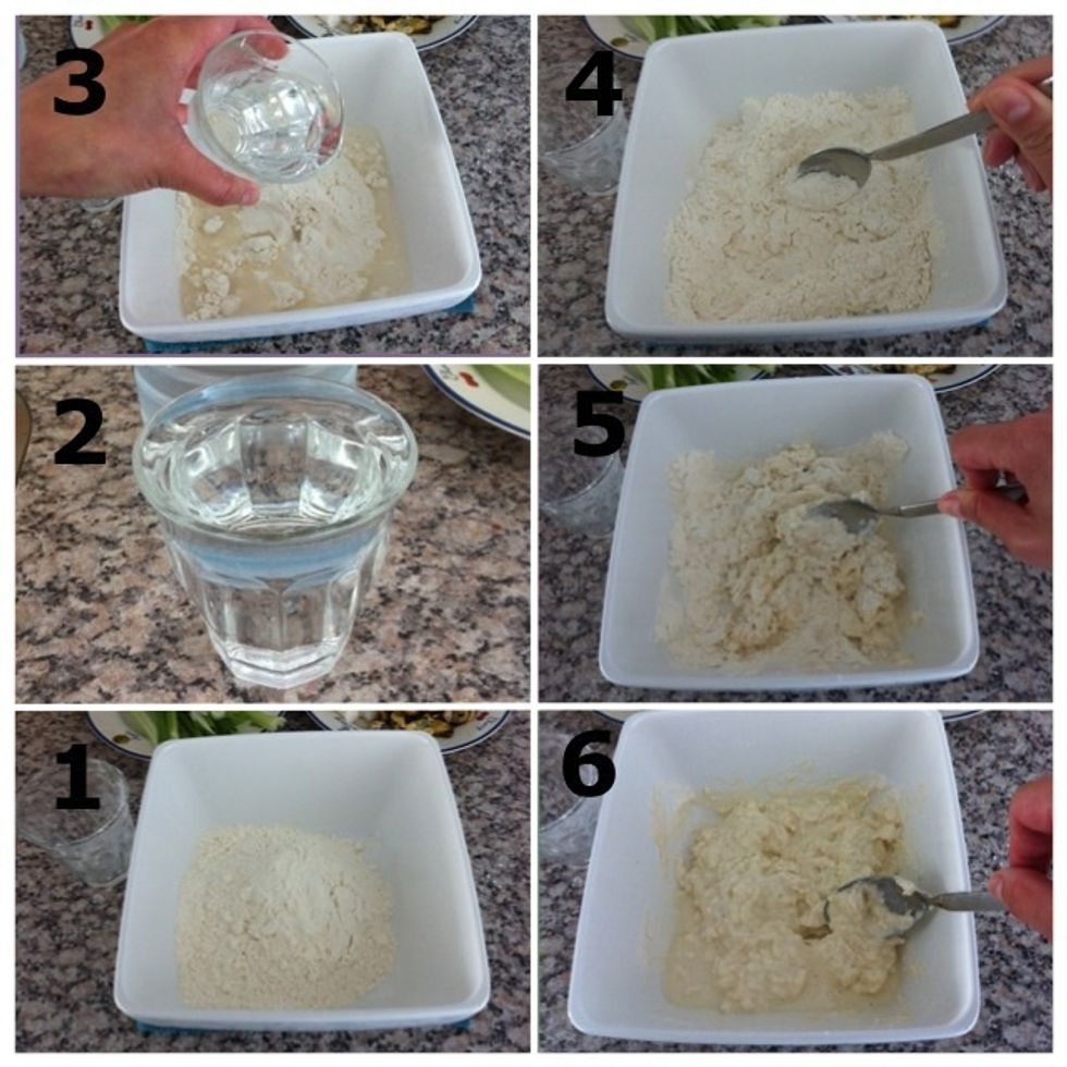 1) Add 2 cups pancake mix; 2) You need 1 1/3 cup cold water; 3) Add a 1/2 cup water to mixture; 4) Mix well; 5) Add rest of water to mixture; 6) Mix very well