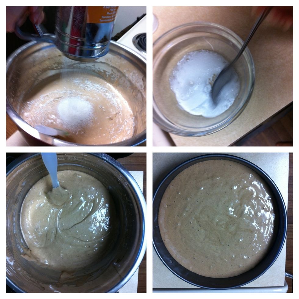 1) Add flour .2) baking soda mixed with vinegar 3) stir well 4) bake 400F(200C) degrees for 30 min