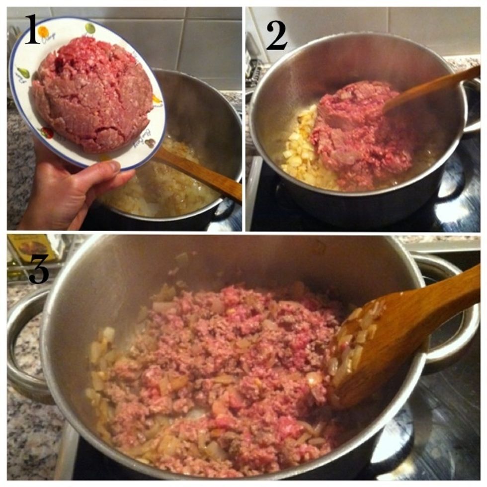 1) Add ground beef; 2) Mix together; 3) Keep stirring for a few minutes untill colour of ground beef turns into brown