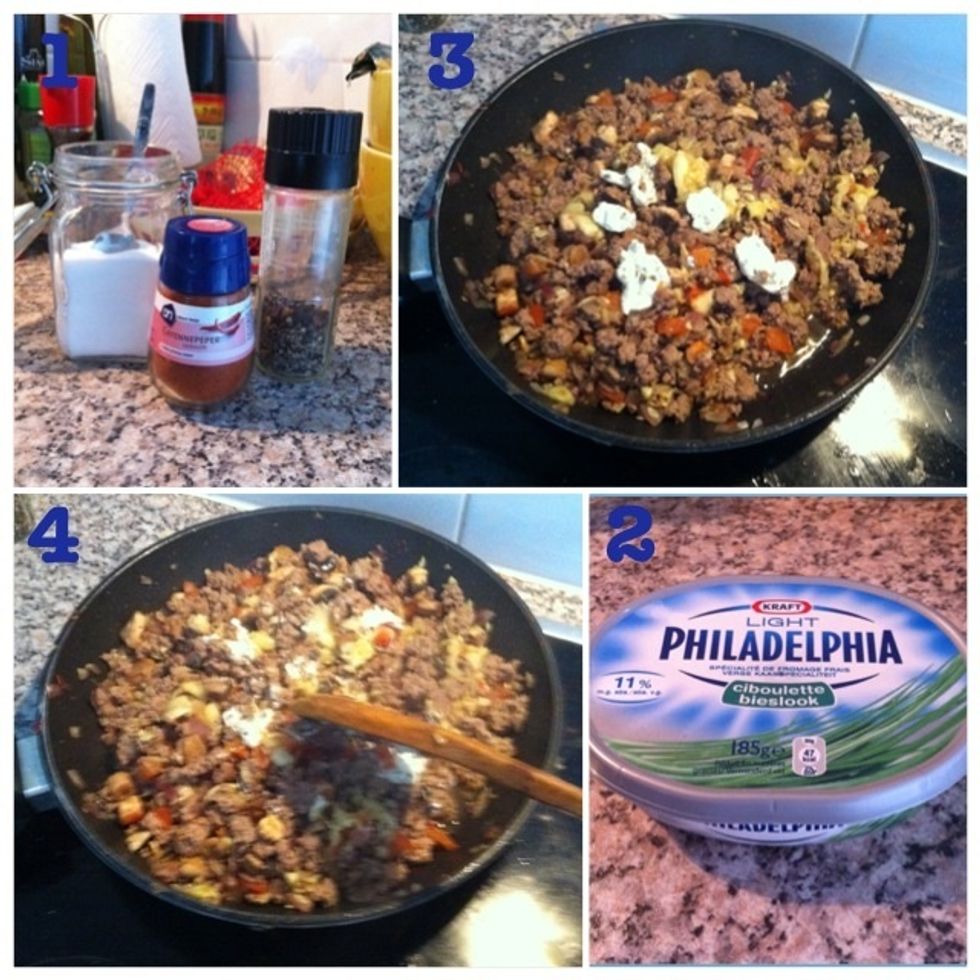 1. add pepper, salt & cayenne powder; 2. grap Philadelphia cream cheese; 3. choose your own amount \ue405; 4. mix well everything together.