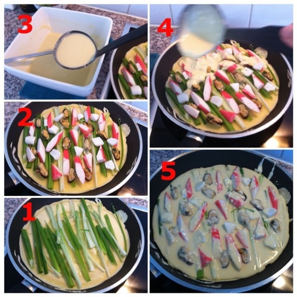 1) Add spring onions; 2) Add seafood; 3) Use soup spoon to scoop mixture; 4) Add mix on top of seafood/spring onions; 5) Make sure it covers seafood/spring onions