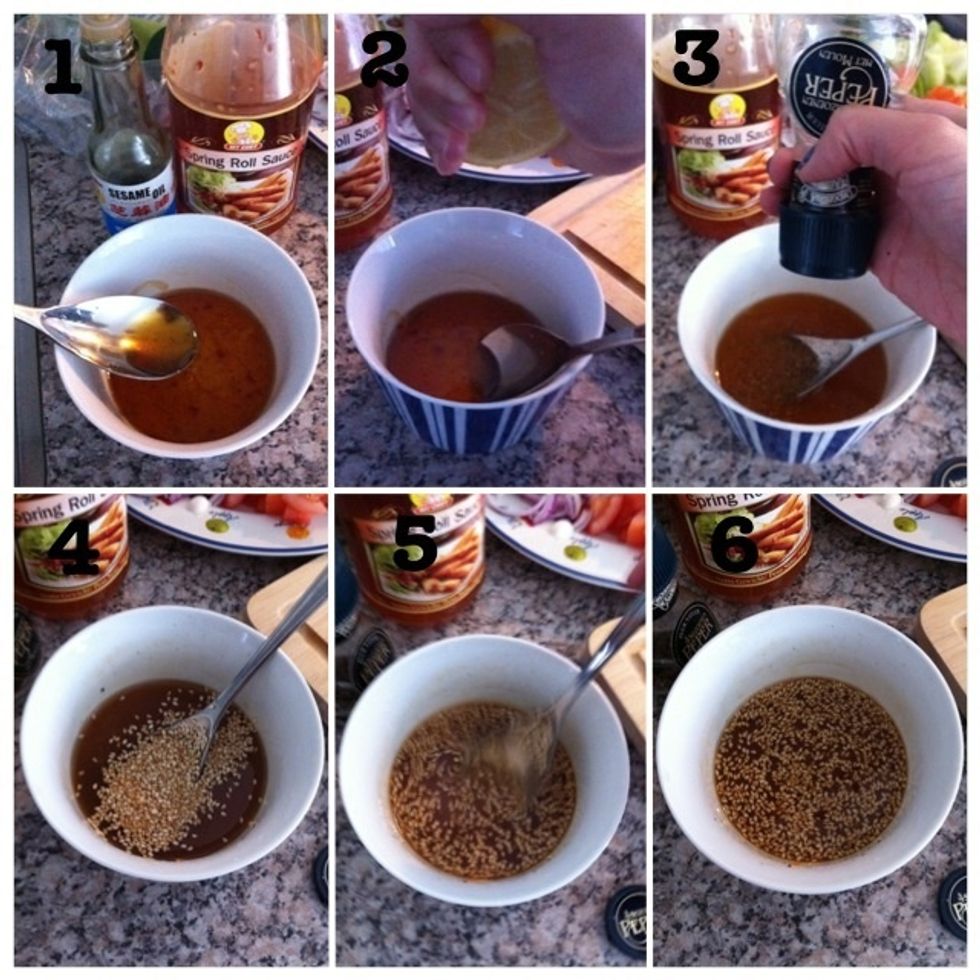 1) Add sweet chili sauce (6 tbsp), sesame oil (6 tbsp) and lemon juice (of 1 lemon) - optional: add fish sauce; 2) Mix; 3) Add pepper; 4) Add sesame seeds; 5) Mix; 6) Done
