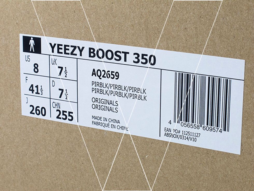 1. Adidas shoe boxes feature a label on the one side. Check that the style (ART) and PO (#) numbers match those found on the label inside the shoe.