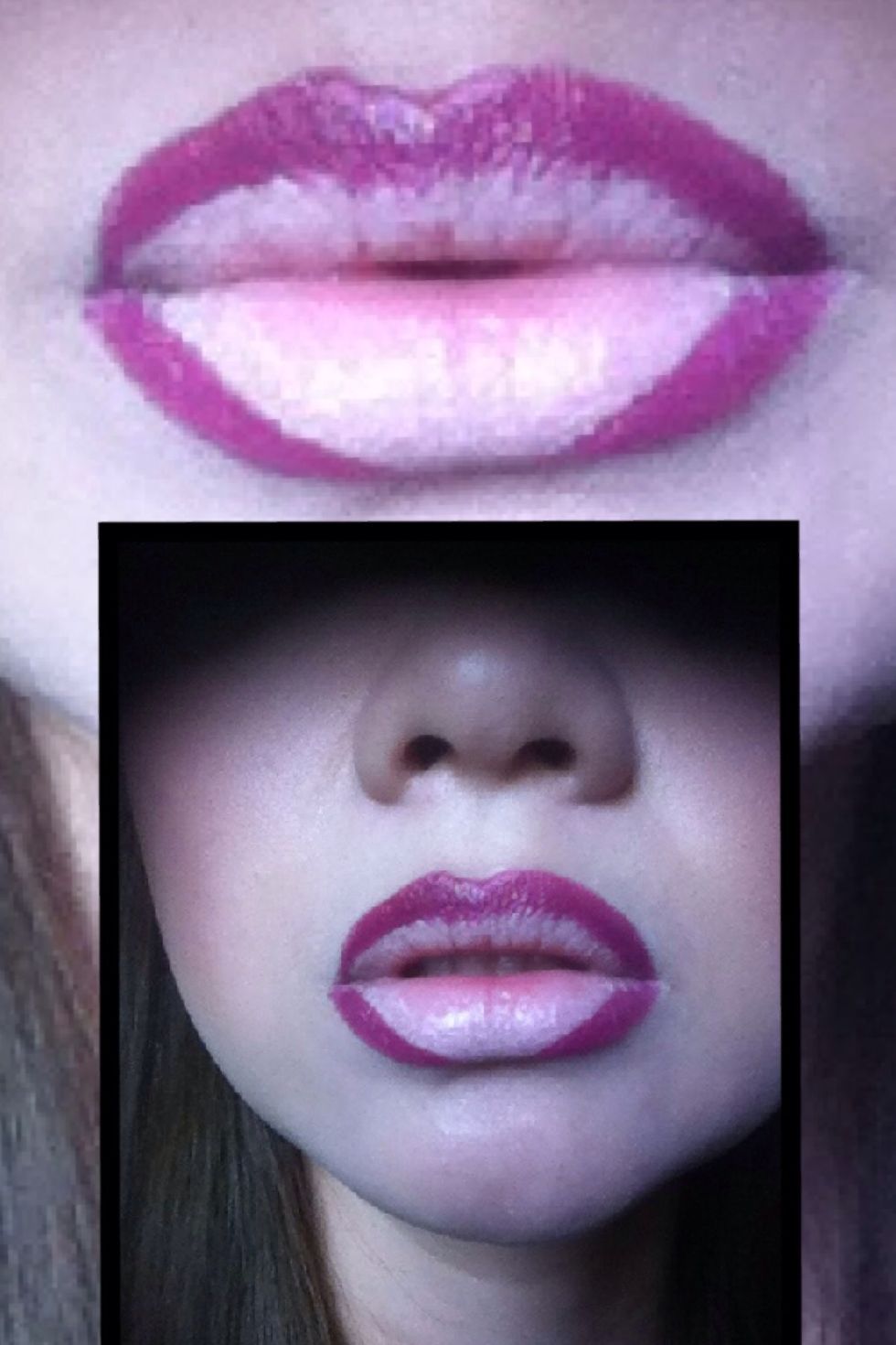 1. After blending, add wine color lip liner. To achieve pouty lip illusion, line the bottom of your lip thicker on the sides then tapered down.