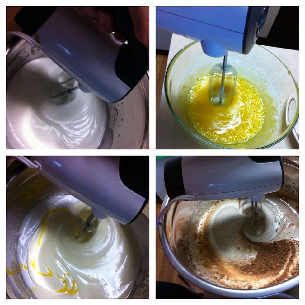 1)Beat egg whites with the sugar. 2)beat egg yolks with honey. 3)combine the egg whites with the yolks. 4) Add cocoa