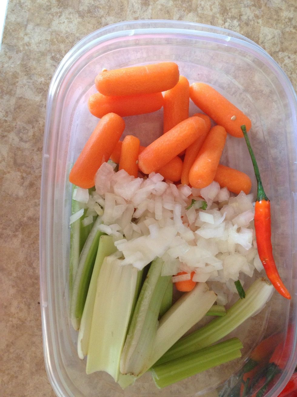 1 celery stick, 1/2 c. Onion, 3 baby carrots (if you love carrots like me, add up to ten baby carrots), 1 pepper (optional)