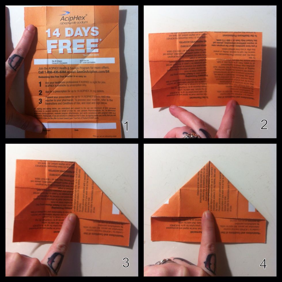 1.Cover from magazine for main box; pages for the other boxes. 2.Fold in 1/2; top to bottom. 3.Fold top right corner to center. 4.Fold top left corner to center.