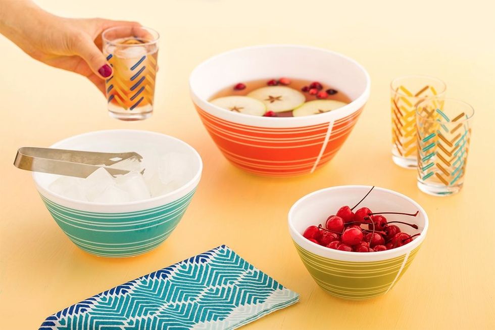 1. Craft a Punchbowl Bar: Make a large, party-size serving of an old-school cocktail. The mixing bowl set is perfectly for your retro party + is great for displaying garnishes! http://bit.ly/2fhtnuh
