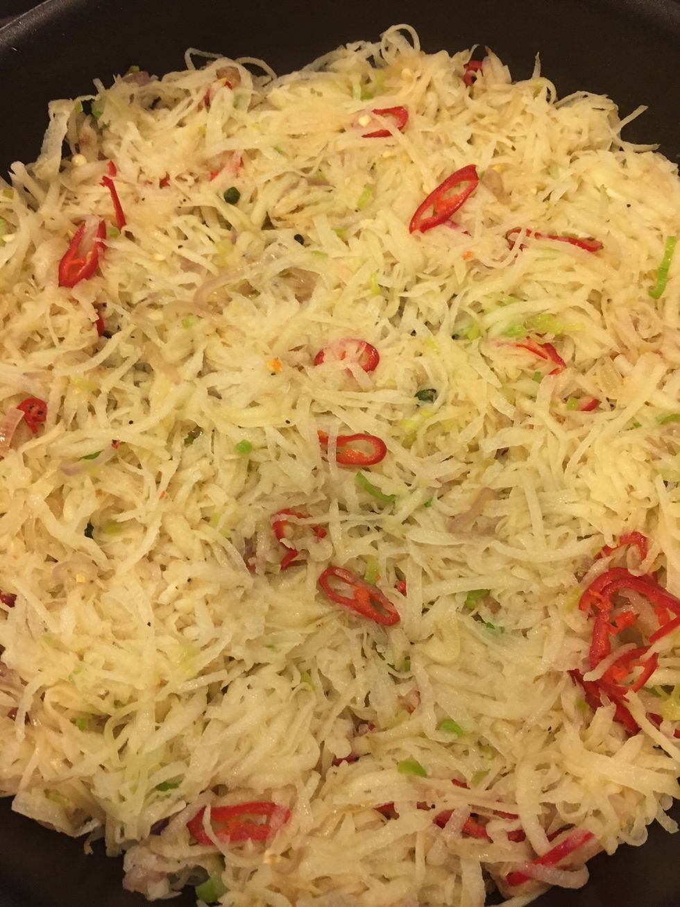 1 cube of herbed butter & dash of olive oil (plus pork fat) when sizzling add potato mixture & press firmly into the pan Cook over low heat, 8 minutes. Then start shaping the rostii into a round shape