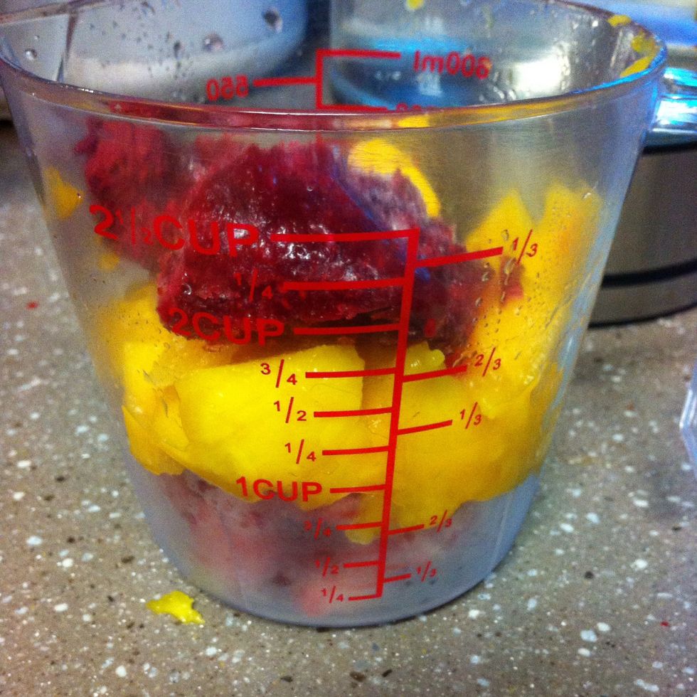 1 cup frozen strawberries and also a few chunks of frozen raspberry (it doesn't exactly have to be 2 1/2 cups it can be more or less)