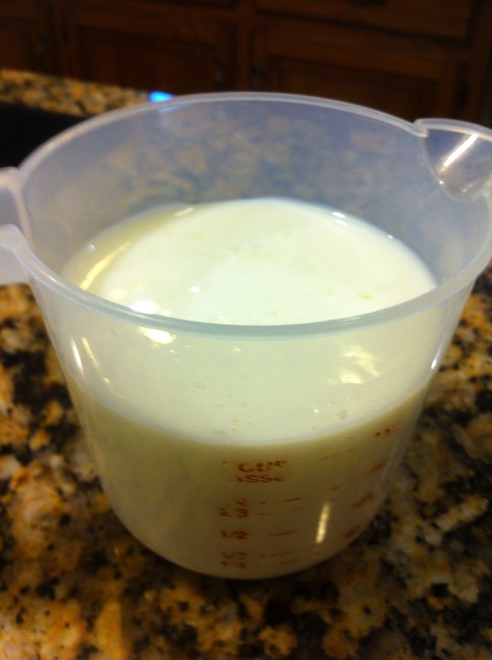 1 cup milk and 2 tsp vinegar. Let this sit for a minute while you get dry ingredients ready.