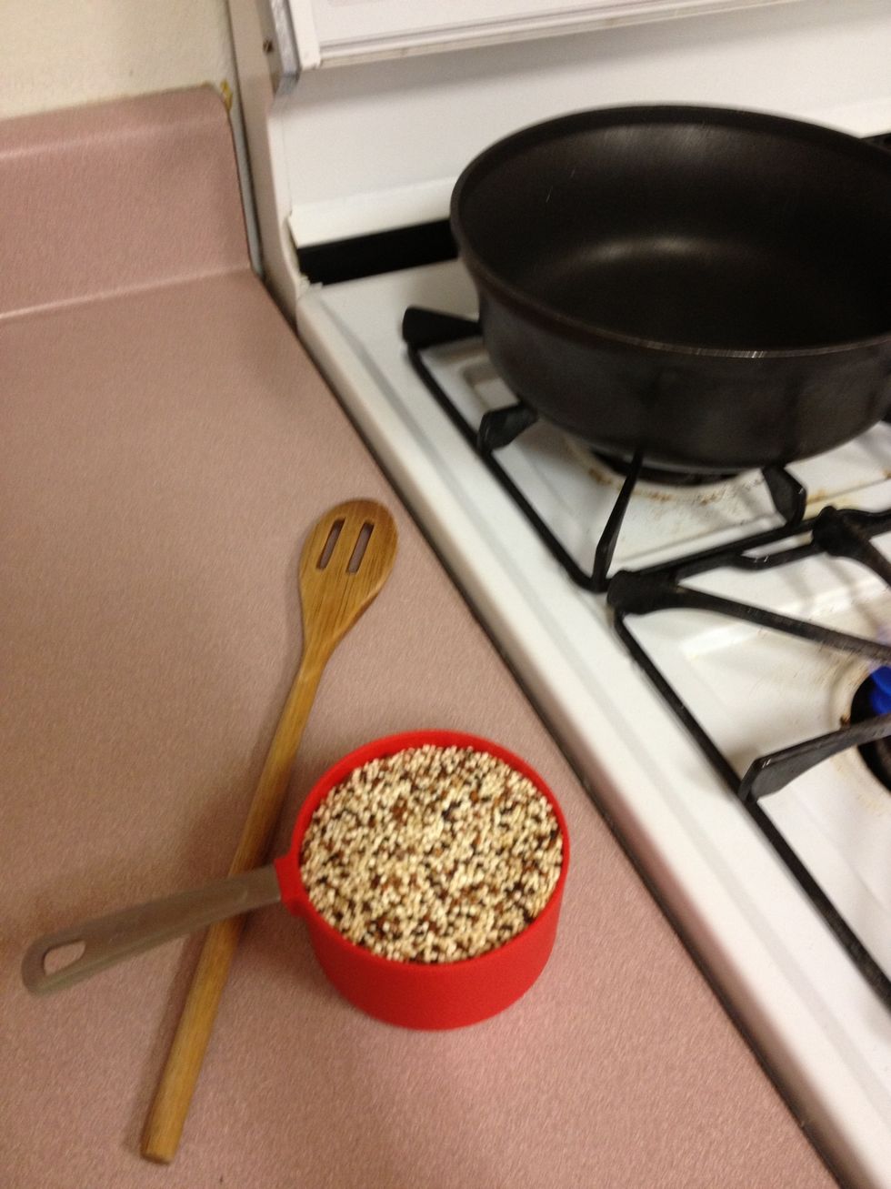 1 cup quinoa + 2 cups water boil then simmer covered for ~15mins