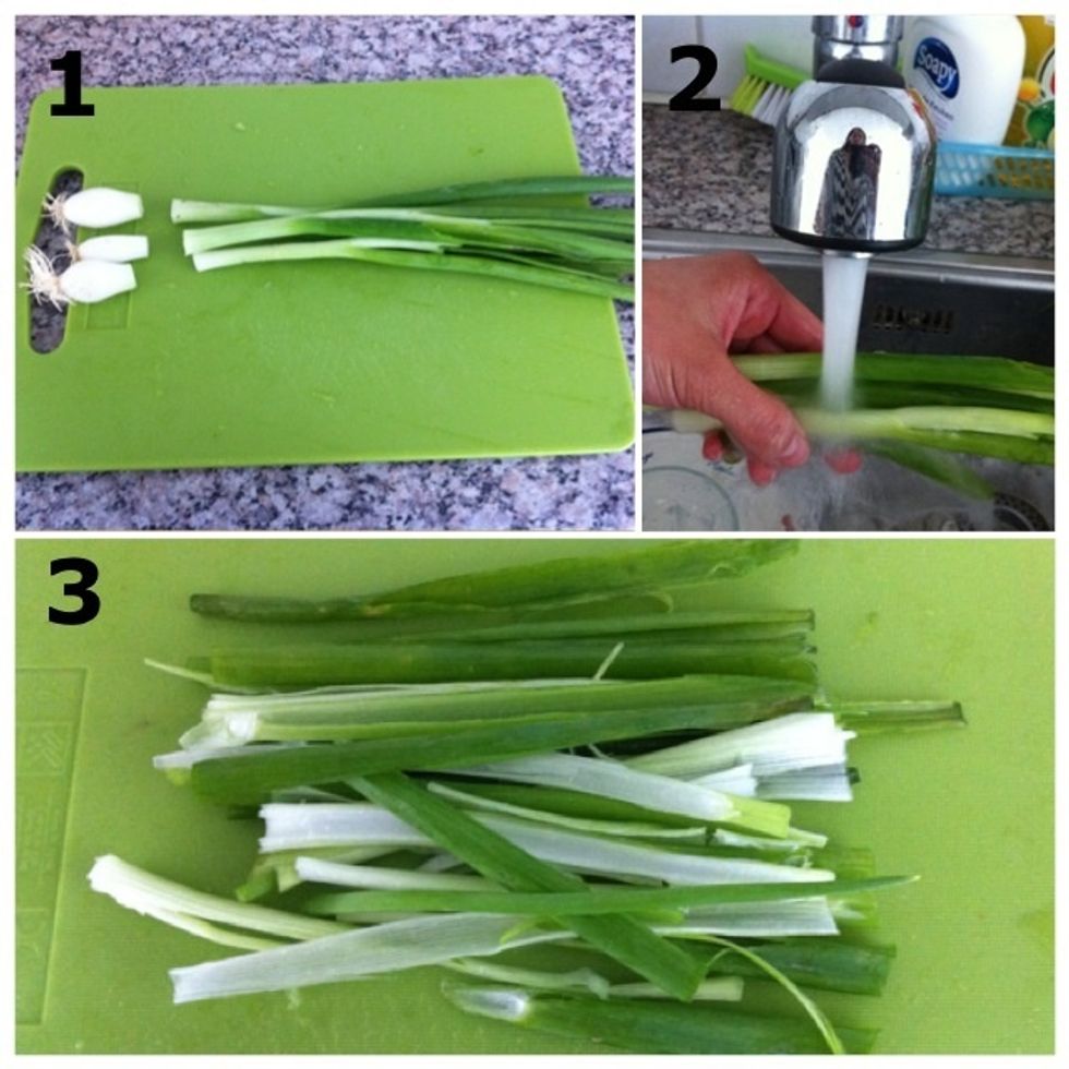 1) Cut the ends from the spring onions; 2) Wash it; 3) Cut into halves