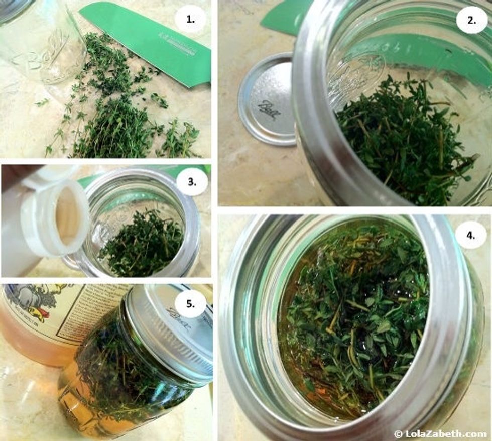 1. Cut thyme into pieces. 2. Place the cut thyme into a jar. 3. Pour the apple cider vinegar over the thyme leaving about an inch of space in the jar. 4. Push the thyme down to submerge in the vinegar