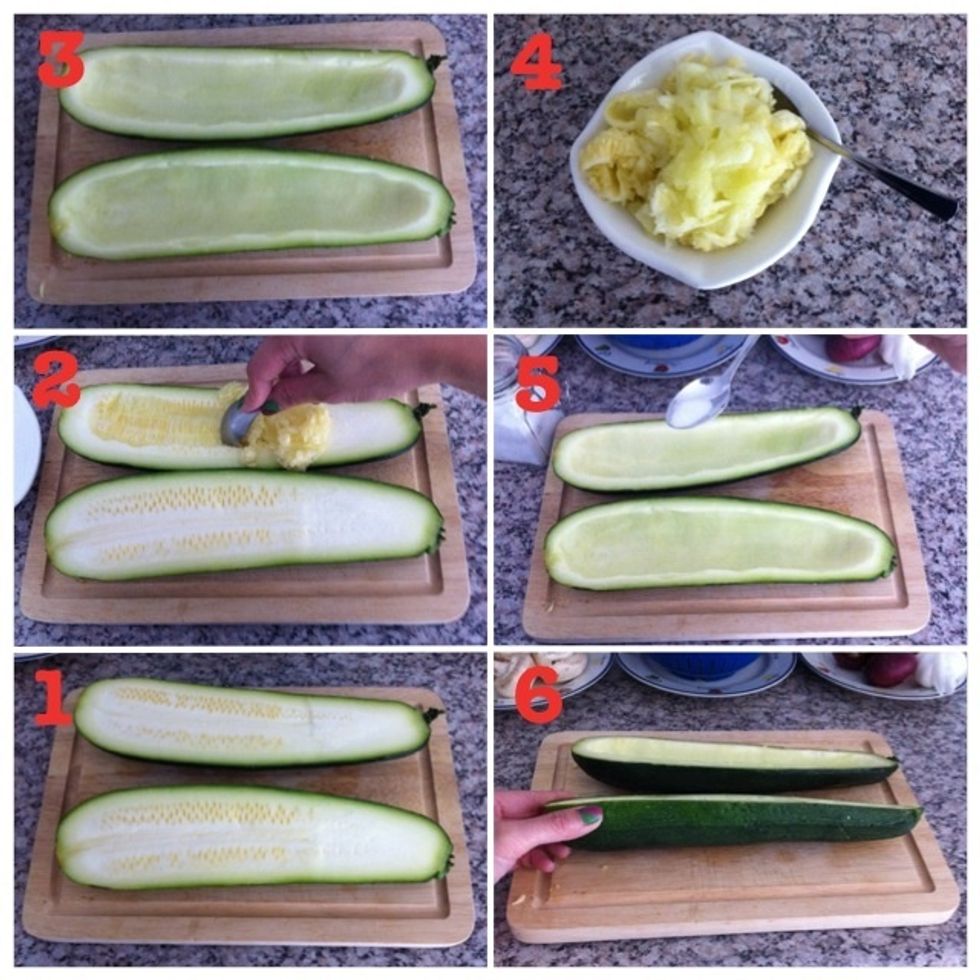 1. cut zucchini into half; 2. use tea spoon to spoon out zucchini; 3. it should look like this; 4. put spooned out zucchini aside; 5. add a little bit salt to the inside; 6. finished with this part