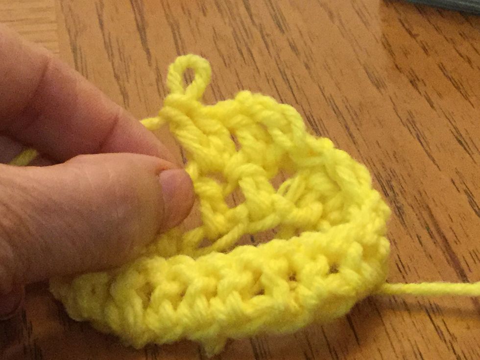 1 DC in top of next DC. In next DC crochet 2 DCs. DC in top of each of the next 2 DCs and then 2 DCs in the next one DC. Continue pattern of DC in each of next 2 and then 2 of DCS in next to end.