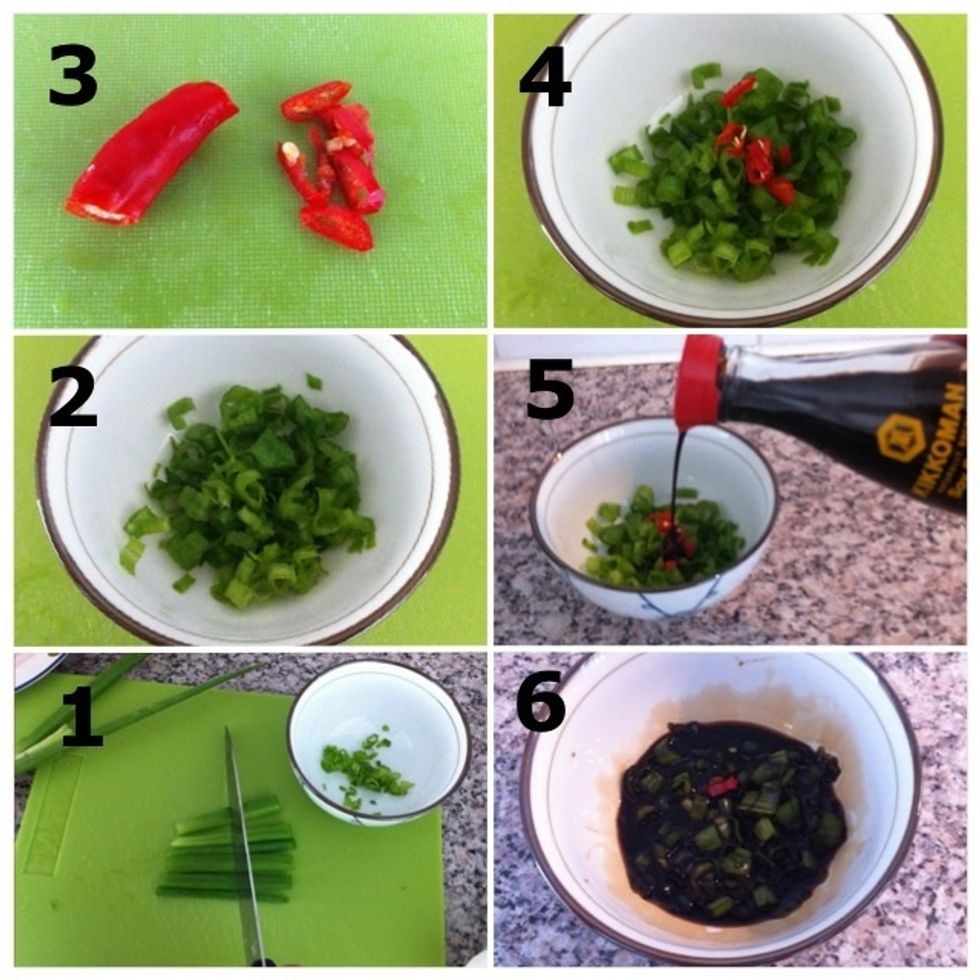 1) Dice spring onions; 2) Like this; 3) Dice chili pepper; 4) Add chili pepper to spring onions; 5) Add soy sauce; 6) Mix together