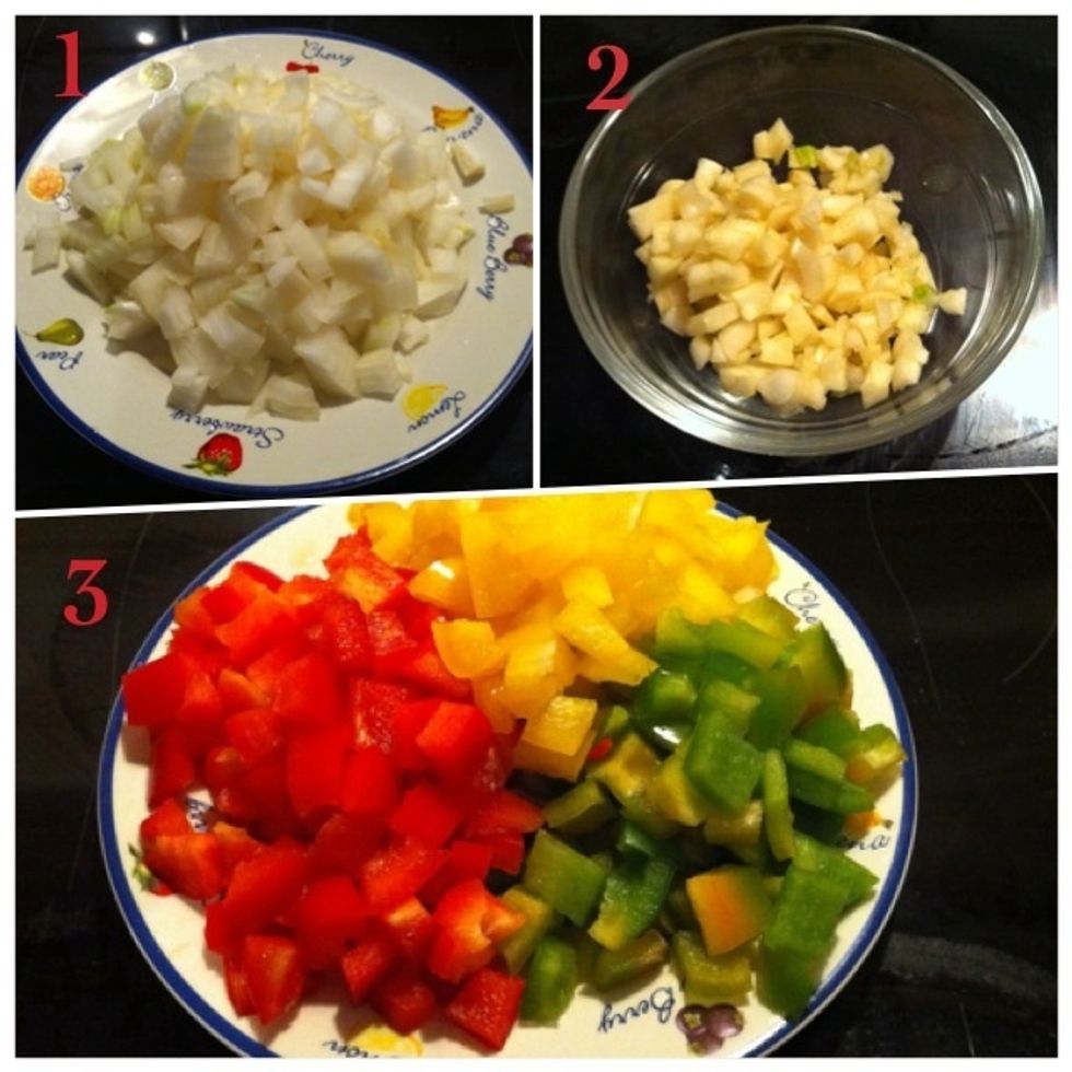 1) Diced onions; 2) Diced garlic; 3) Diced bell peppers