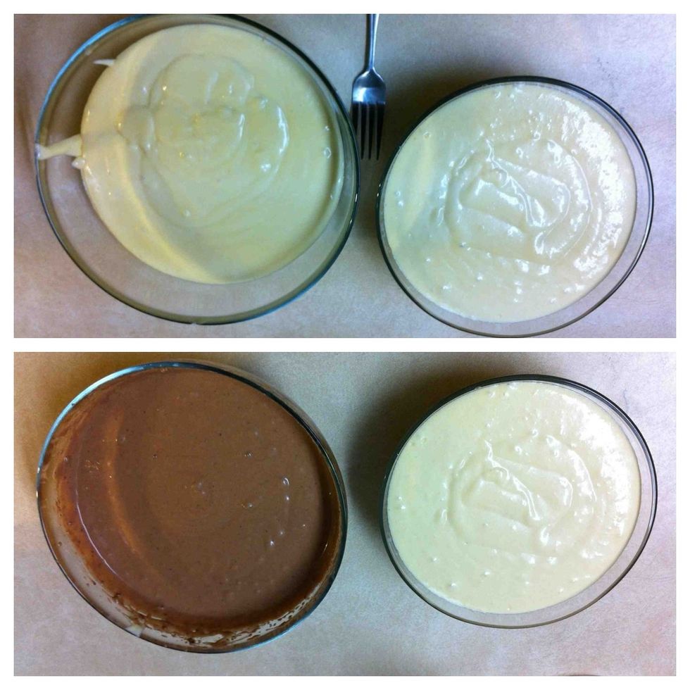 1)Divide dough into two parts,2)one of them, add cocoa and mix well.