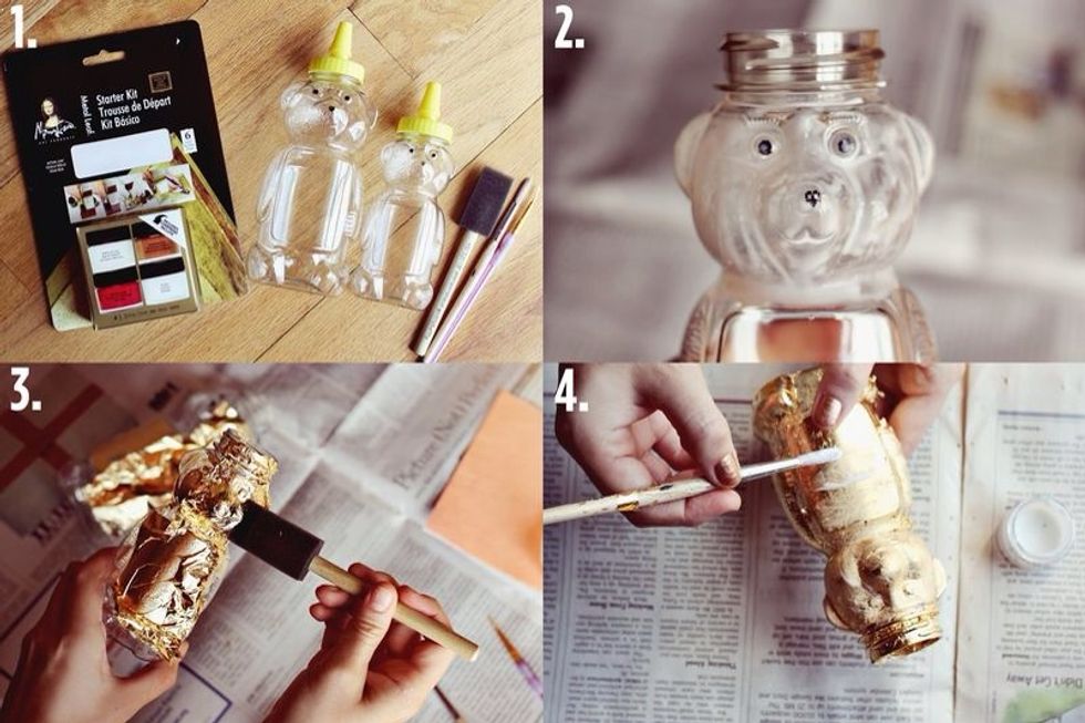 1. Empty + Gold kit 2. Coat bottle with adhesive and allow to dry to sticky feel. 3. Use foam brush to press into grooves. 4. Apply sealer with paintbrush as a top coat.