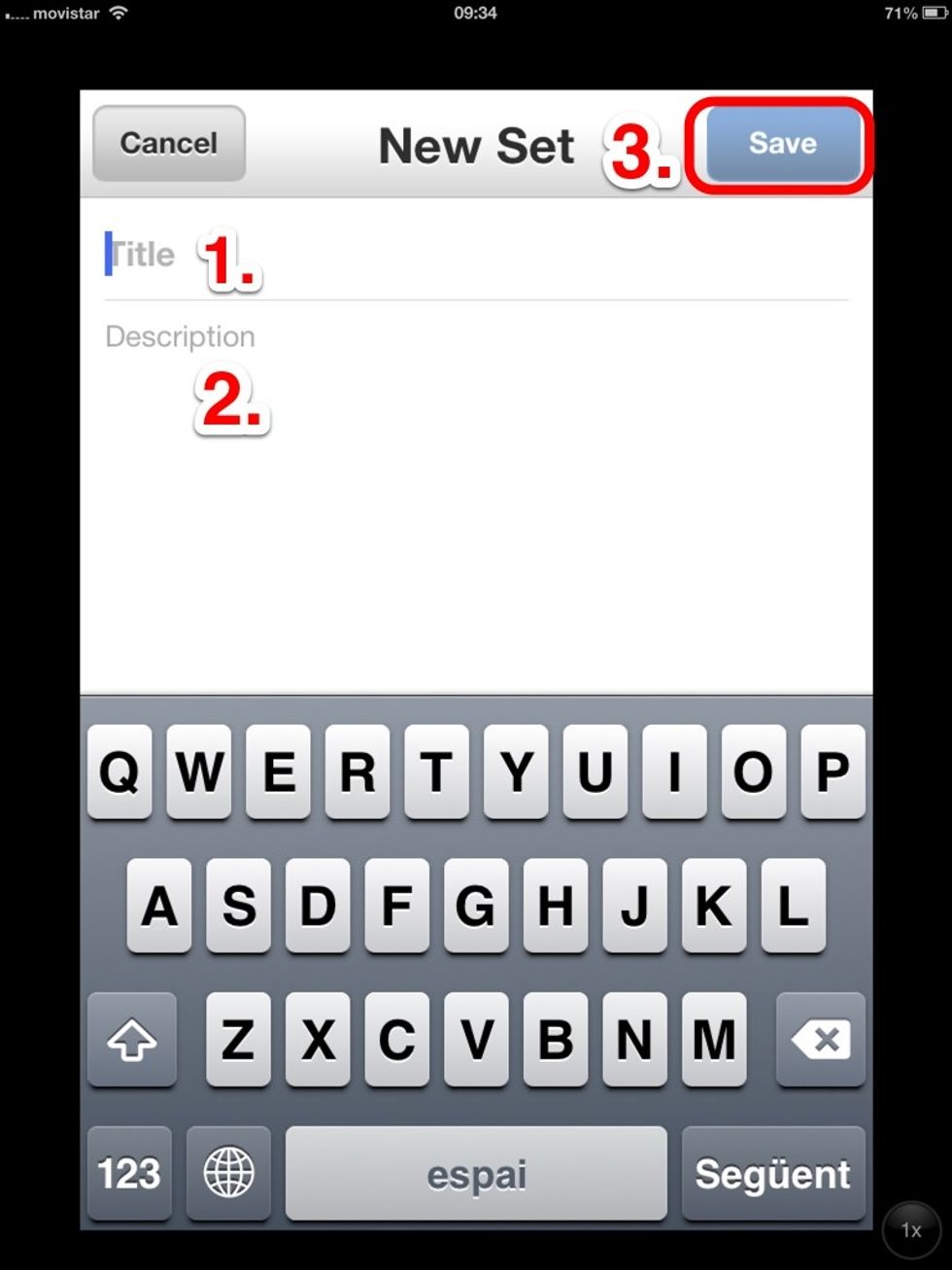 1. Escrivim el nom de l'\u00e0lbum. 2. Podeu afegir una descripci\u00f3 sobre el mateix (opcional). 3. "Tap" a "Save".