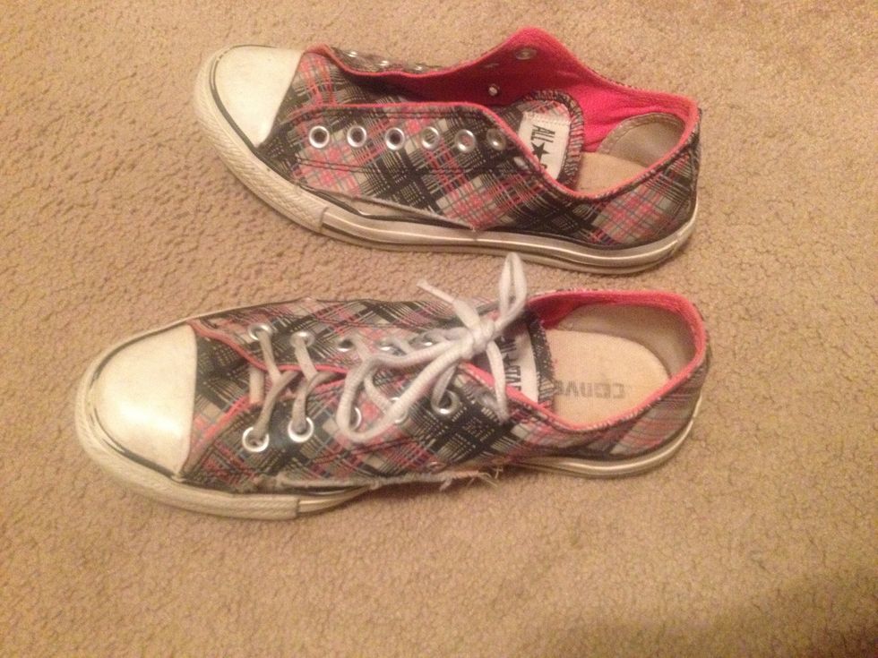 1. Find pair of shoes- mine were old converse found in attic and the fabric was even ripping so I used super glue to connect the fabric back on