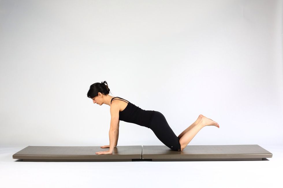 1. FLOOR TO HIGH PLANK PREP- keep knees on mat extend elbows and lift torso and thighs into a plank.  Maintain a neutral spine.