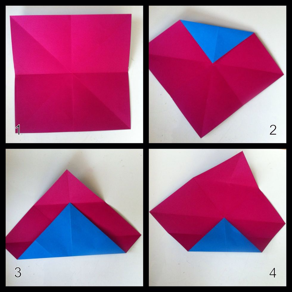 1=fold in 1/2 both ways n unfold, fold in 1/2 tip to tip both ways n unfold. 2=fold top tip to center, unfold. 3=fold bottom tip to step2 crease, unfold. 4=fold bottom tip to step3 crease, unfold.