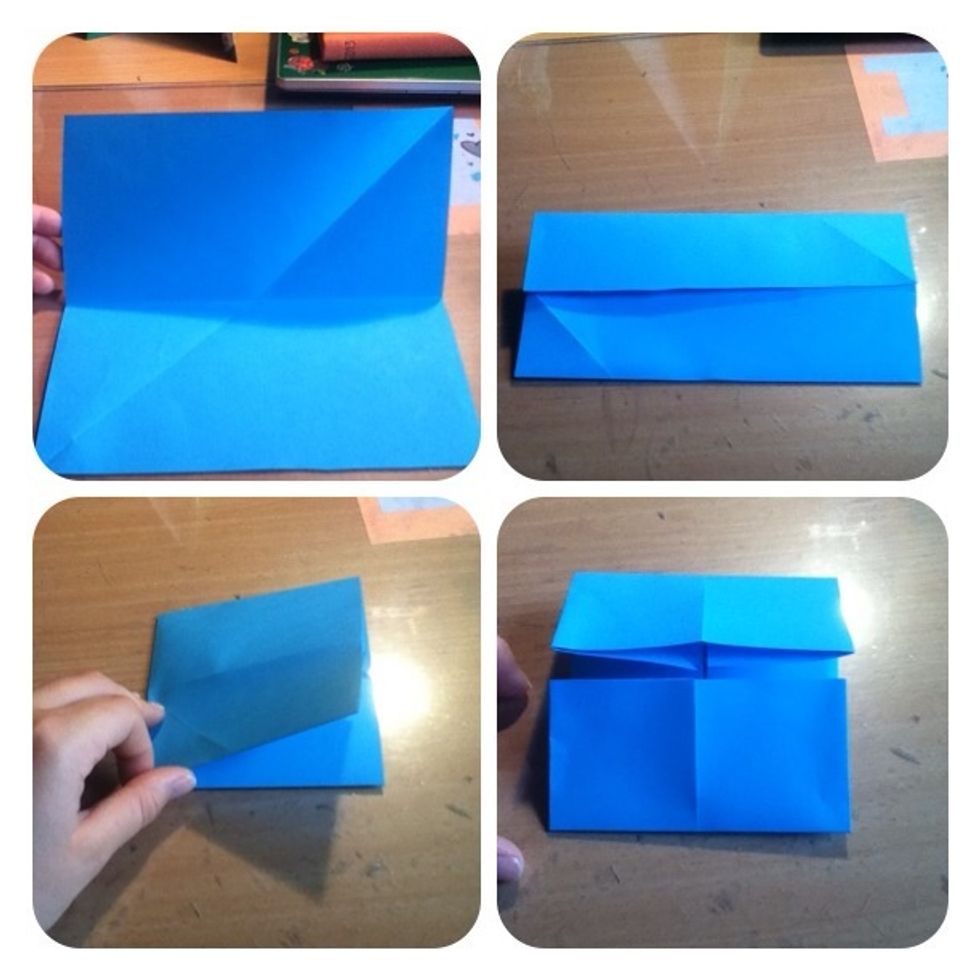 1. Fold in half, unfold (don't mind the diagonal I didn't have a square) 2. Fold sides to middle 3. Fold in half again, unfold 4. Fold sides into middle