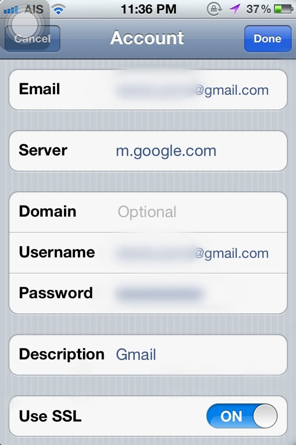 1. For server, input m.google.com  2. In password, input Gmail password 3. Leave Domain name blank
