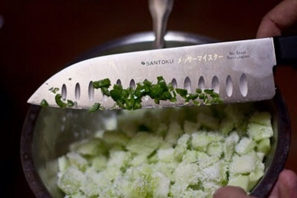 1 fresh green chili seeded and chopped finely. 1 small bunch of chopped cilantro leaves,  salt to taste, 1 Tbs of fresh lemon juice