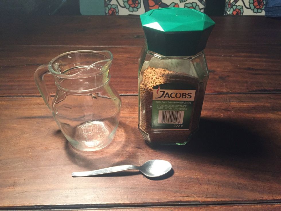 1) Get your ground coffee, teaspoon and glass or jug.