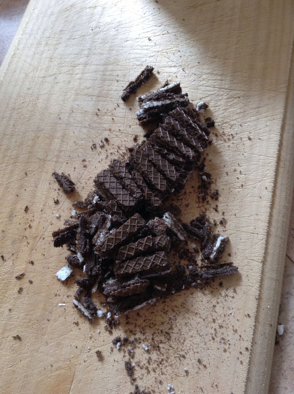 1.) Get your Oreos (I used wafers because that's all I had in the pantry) and chop them all up. Then place them in a blender or milkshake maker. (I have both but used a blender)