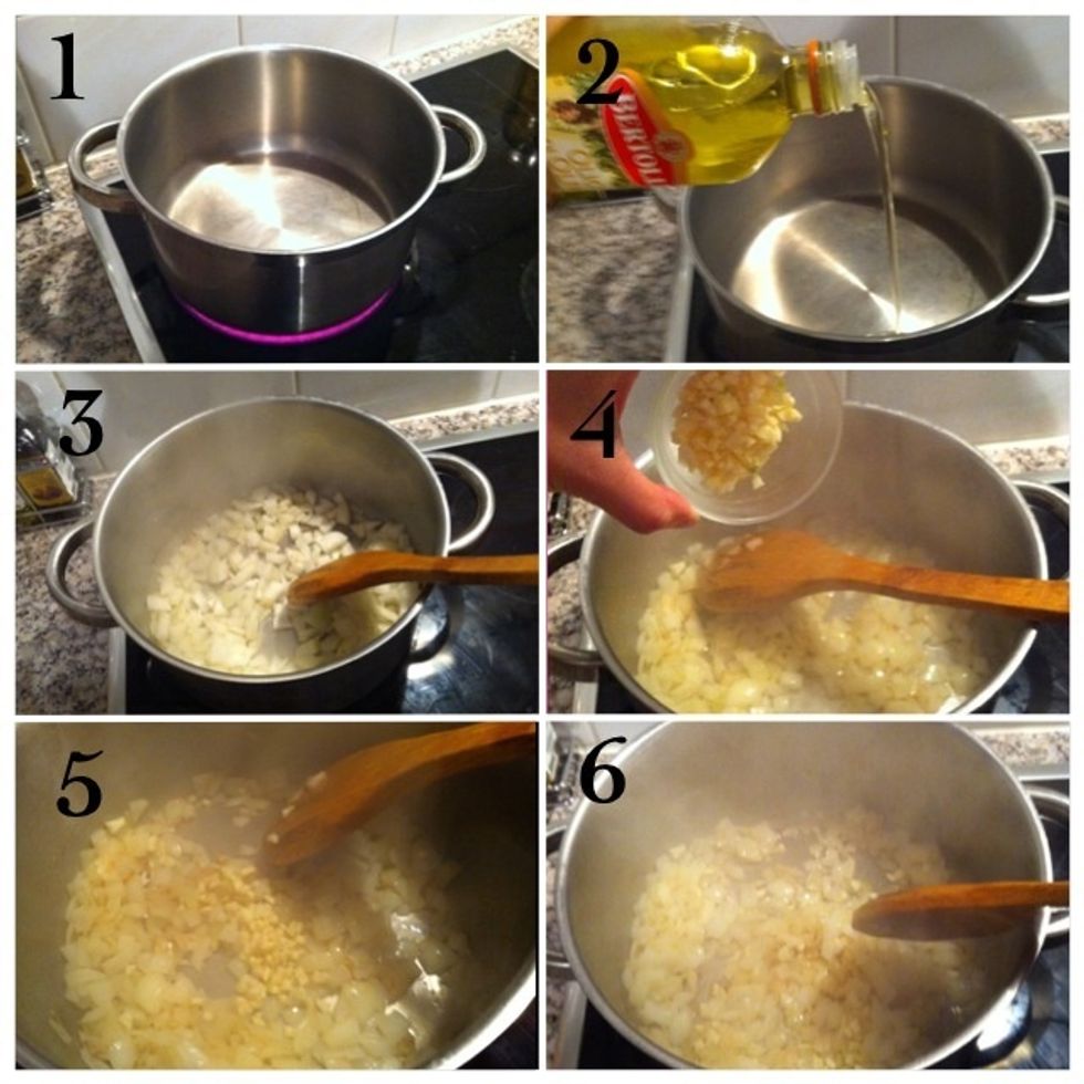 1) Heat pan; 2) Add olive oil; 3) Add onions; 4) Add garlic; 5) Keep stirring... ; 6) Untill onion and garlic turn gold brown