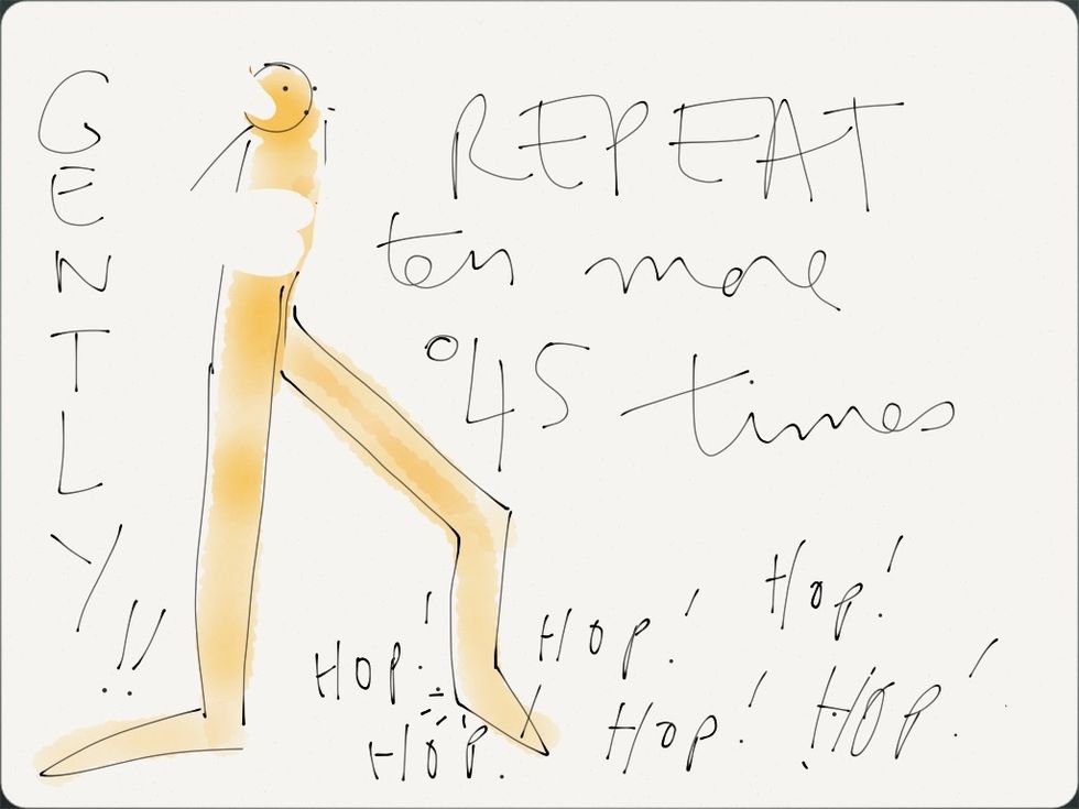 1)Hop thru 10 reps of ankle extensions using your calf to make your heel and fore-foot bounce off the ground. Bounce up a few inches then drop back down.