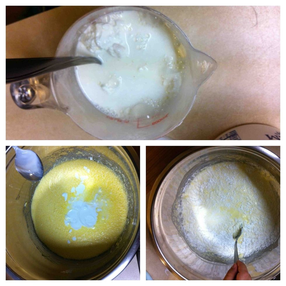 1)In the sour cream add milk stir well 2)sour cream add in the dough 3)add flour and baking powder and mix all