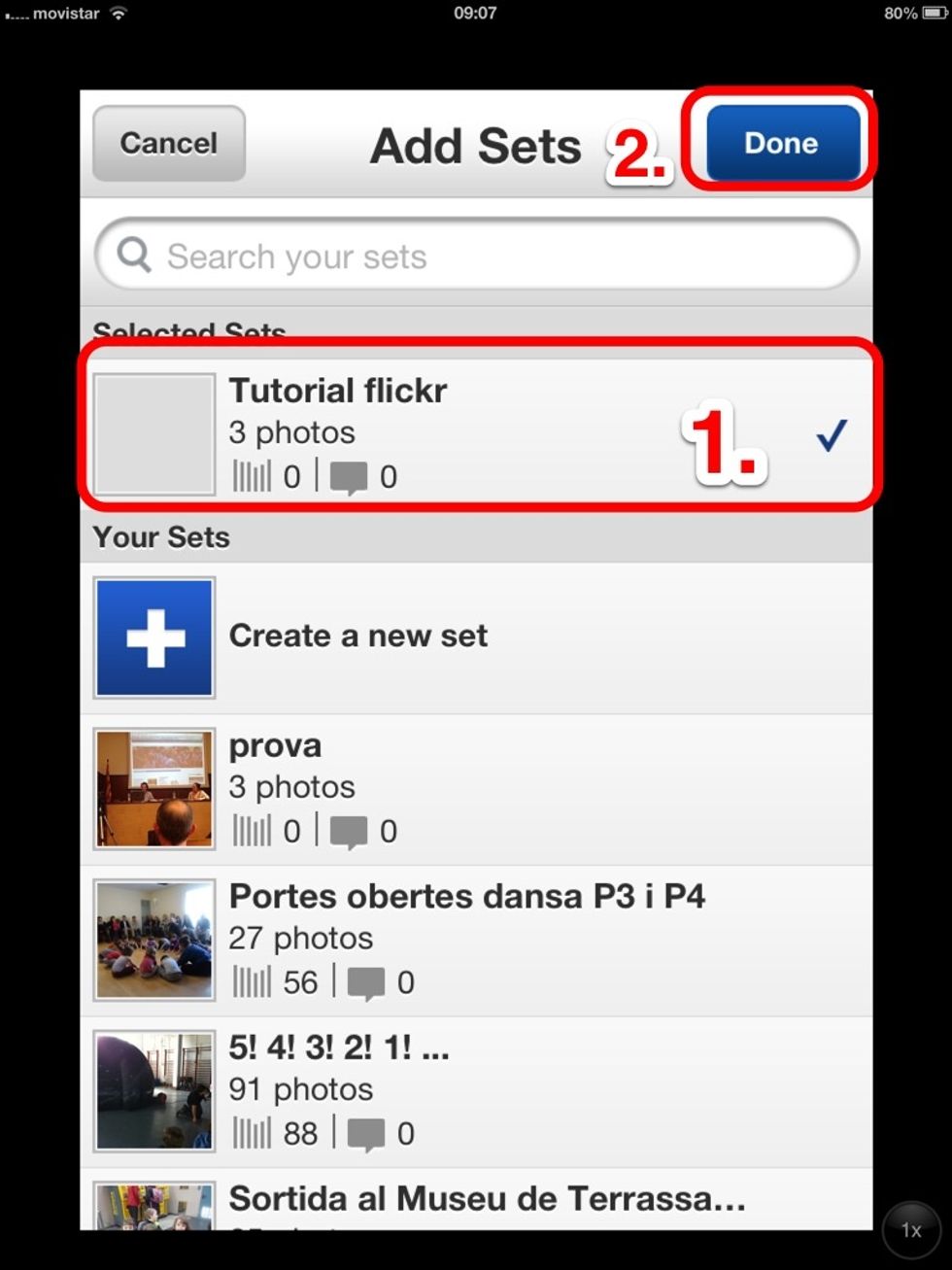 1. Ja us apareix l'\u00e0lbum creat al qual heu assignat les fotos seleccionades. 2. "Tap" a "Done".