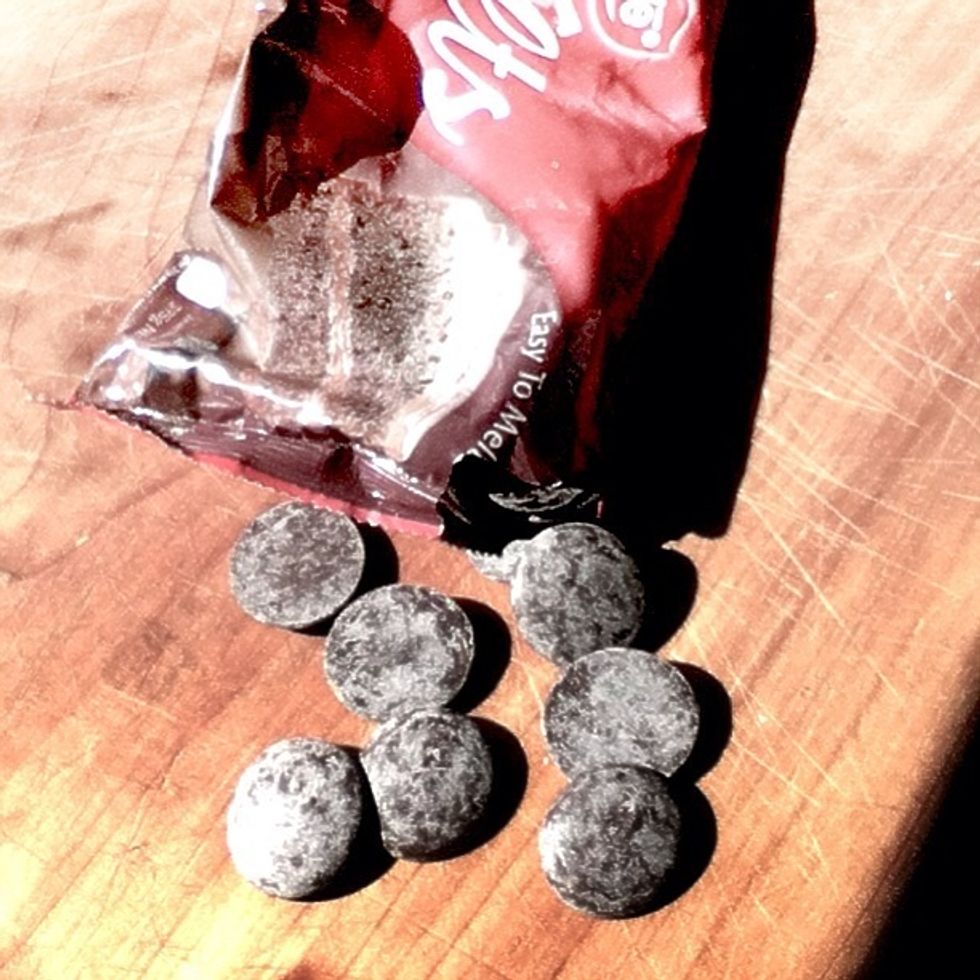 1. Melt the chocolate in a pot. I used a half bag...... Don't turn the pot up too high, as you don't want to burn the chocolate! Stir constantly, and don't panic if the chocolate turns a bit lumpy!